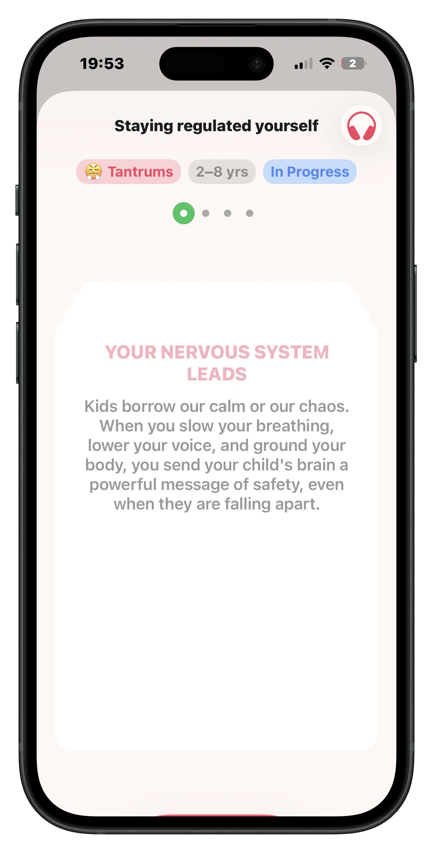 Parenting Leader screen showing guided parenting content